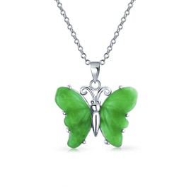 Handcrafted Carved Green Gemstone Jade Garden Butterfly Pendant Necklace For Women Teen .925 Sterling Silver With Chain