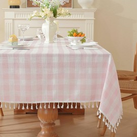 Gingham Tablecloth Rectangular Tassels Plaid Table Cloth, Pink, 55”x 70”