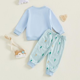 Santikisler Toddler Baby Boy Fishing Outfit Bait Embroidery Long Sleeve Sweatshirt and Plaid Print Pants Fall Clothes (Blue, 2-3T)