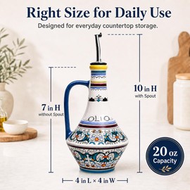 Gnlnkn Ceramic Olive Oil Dispenser Bottle, 18.3 oz Oil Cruet with Spout and Handle, Hand-Painted Floral Pattern, Non-Drip Pourer for Kitchen Counter, Salad Dressing, Vinegar, Decorative Oil Container