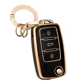 OFFCURVE for Volkswagen Key Fob Cover with Keychain, Soft TPU Full Protector Key Fob Case for VW Jetta Golf Polo Passat MK8 Tiguan Beetle Car Remote Smart Key Holder Accessories, Black Gold