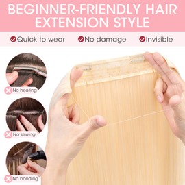 Silk-co Hair Extensions with Elastic Band, Straight Extensions with Wire and Clips, Adjustable Secrets Hairpiece, Synthetic Hair Extensions for Women, 40 cm, Bleach Blonde