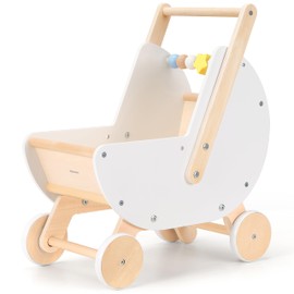 Pillowhale Wooden Baby Walker & Doll Stroller – Adjustable Handle Push Cart, Anti‑Tip, Quiet Wheels, Pretend Shopping Cart – Montessori Wooden Walker for Babies , Doll Stroller for Toddlers 12m+