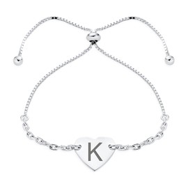 Personalize Script Or Block Letter Alphabet K Initial Monogram Heart Shaped Name Plated Bar Identification Tag ID Heart Bolo Bracelet For Women Teen .925 Sterling Silver Adjustable Customize