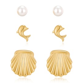 MUYAN 3Pcs Pearl Dolphin Shell Earrings for Women Gold Trendy Small Seashell Studs Summer Mixed Match Beach Jewelry