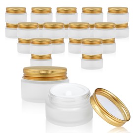 RAMFIYN 24 pack 5ml Frosted Glass Jars with Gold Lids Small Empty Travel Lotion Containers with Inner Liner Airtight Cosmetic Holder with Labels for Lip Balm Creams Body Butter