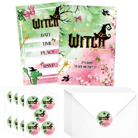 Witch Birthday Invitations Card, 20 Pcs Witchy Party Decorations, Pink Green Party Supplies for Girls Teens Adults, Let's have a Good Time Invitations