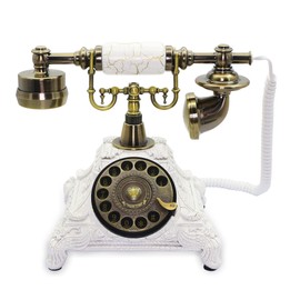 CERRXIAN Rotary Antique Telephone,White Retro Landline Turntable Telephone Decoration Home Office Telephone(White-117CS)