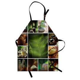 Ambesonne Spa Apron, Collage of Candles Stones Herbal Salts Towels Botanic Plants Design Print, Unisex Kitchen Bib Apron with Adjustable Neck for Cooking Baking Gardening, Green White and Brown