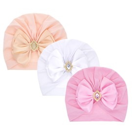 LIUPUUDLY Pack of 3 Baby Hats Newborn Beanie Cotton Cute Bow Headwrap Turban Hat for Baby Toddler, #4
