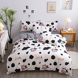 Kids Bedding Set Double Cute Cow Print Duvet Cover Set Boys Girls Lovely Cartoon Farm Animal Pattern Comforter Cover Reversible Grid Plaid Bedspread Cover, Soft Microfiber, Bedroom Decor