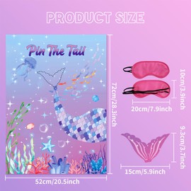 ILIEMOC Pin The Tail Games- Pin The Tail On The Mermaid Party Game with 24 Tails Large 20.5x28.3 Inch Poster for Family Birthday Party Decor Beach Theme Events 2 Thickened Blindfolds Included (Ocean)
