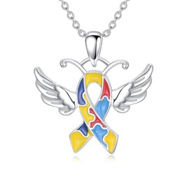 Autism Awareness Necklace Sterling Silver Autistic Colorful Puzzle Piece Necklace Angel Wing Autism Awareness Jewelry Gifts for Women Mom