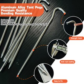 Tent Pegs - 12Pcs 18cm Tent Pegs Metal with Hammer Camping Pegs Rust Free Tent Hooks Ideal for Camping, Hiking, Traveling, Beach and Outdoor