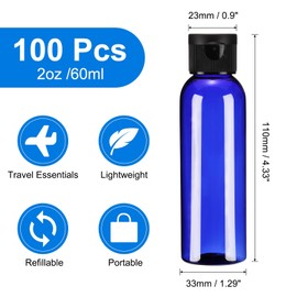 uxcell 2 Oz Plastic Bottles with Flip Caps, 100 Pcs Reusable Travel Size Containers with Lids Plastic Squeeze Refillable Dispensing Bottles for Shampoo, Body Soap, Toner(Blue Black)