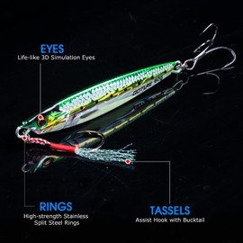 Goture Fishing Jigs, 60g Vertical Jig Saltwater Freshwater, Jig Fishing Lures with Assist Hook and Treble Hook, 5Pcs Fishing Jigging Spoon Lures, Speed Fast Fall Jig for Tuna,Salmon,Bass
