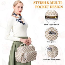 Insulated Lunch Bag for Women Adults Men Large Reusable Lunch Box,Cute Corduroy Lunch Tote Bags Leakproof Portable Cooler Tote Bags Adjustable Shoulder Strap for Work Travel Picnic (Checkered Khaki)