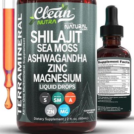 Shilajit Liquid Drops with Sea Moss, Ashwagandha, Zinc, Magnesium, Liquid Vitamins for Women and Men - Terra Mineral by Clean Nutra:_3 Bottles