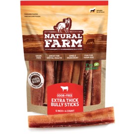 Natural Farm Jumbo Bully Sticks (6 Inch, 4 Pack), Odor Free, Extra-Thick Dog Chews - Fully Digestible 100% Beef Treats, Supports Dental Health, Keep Your Dog Busy with 50% Longer Lasting Chews