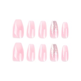 Resweky Coffin Long False Nails Pack of 24 French Sequin Print on Nails Glitter Pink False Nails Full Cover Acrylic Nails for Women and Girls