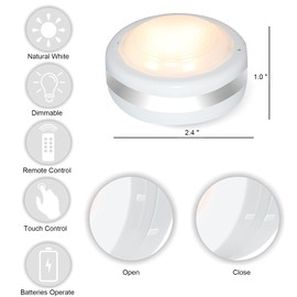 Starxing Battery Operated Puck Lights with Remote, Wireless Led Under Cupboard Light with Remote Control, Under Cabinet Lighting, Stair Closet Lights (Natural White/White)