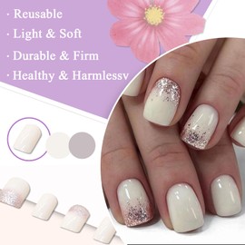 Ceboic 24Pcs Press on Nails Short, Acrylic Full Cover French Tip False Nails, Square Milk White Fake Nails, Solid Color Stick on Nails with Glitter Sequins Designs for Women and Girls DIY Manicure
