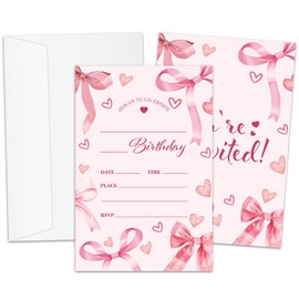 BSNZZIO Pink Bow Birthday Invitation Cards, Girl Pink Birthday Invite For Girls Women, 20 Double-Sided Fill in Invitations With Envelopes Celebration Party Supplies -4614