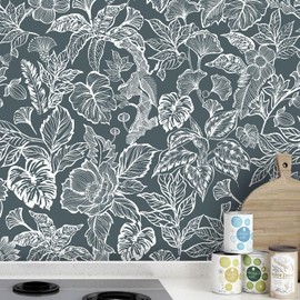 Fititem Peel and Stick Wallpaper Modern Boho Contact Paper Cabinet Dark Gray-Blue White Removable Self Adhesive Contact Paper Tropical Floral Leaf Waterproof Wallpaper Bathroom Bedroom 17.3inW 78.7inL