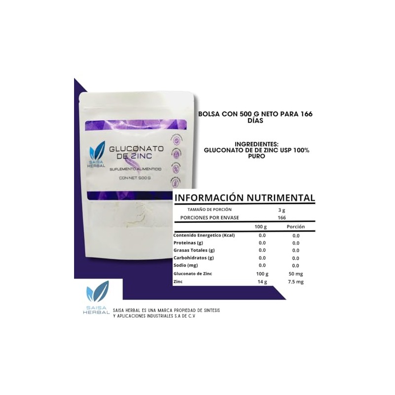 Gluconato de Zinc 100 Puro 500 g