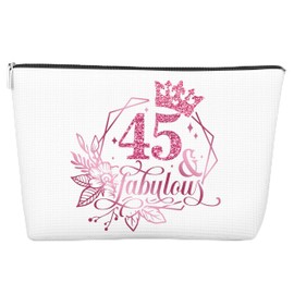 JJOINUS 45th Birthday Makeup Bag for Women, Anniversary 45 Year Old Gift Ideas for Her, Sister, Mom, Colleague, Coworker, Aunt, Zipper Cosmetic Travel Pouch for Christmas Birthday, Pink