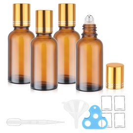 bofessor 30ml Glass Roller Bottles 4-Pack, Refillable Roll-On Bottles for Essential Oils, Perfume, and DIY Blends with Stainless Steel Rollers-Amber, Golden Cap