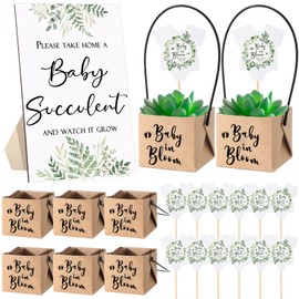 Geetery 101 Pcs Succulent Baby Shower Party Favors for Guests Include 1 Wooden Table Sign 50 Kraft Succulent Pots and 50 Tags for Baby Shower Party Gifts(Greenery)