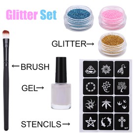 Kids Glitter Tattoo Set, Temporary Tattoo Set - 3 Colour Glitter, 12 Stencils, Skin Friendly Glitter Makeup for Girls and Adults, Mardi Gras Gift, Birthday Gift, Party, For Kids 6-12 years old