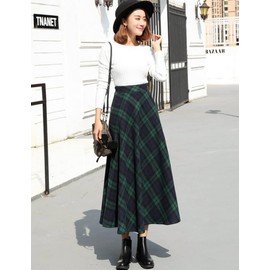 Ylingjun Long Plaid Wool Skirt for Womens Winter Fall High Elastic Waist A Line Flared Pleated Wool Skirts, Green/Long, XX-Large