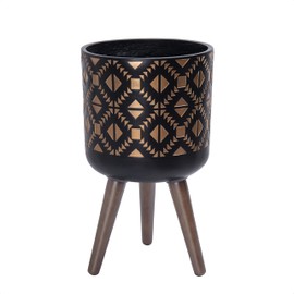 D'vine Dev 10 Inch Planter Pot with Stand, Mid-Century Tall Plant Pot with Legs for Indoor Plants, Bronze/Black, 88-G-B-6