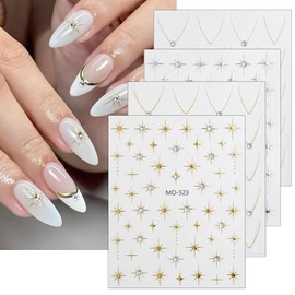 4 Sheets Star Nail Art Stickers French Nail Decals 3D Self-Adhesive Nails Art Supplies Gold Silver Stars Crystal Rhinestones Designs Stickers for Women Manicure Decoration