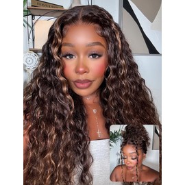 YIROO Golden Brown Highlight 7X5 Bye Bye Knots Water Wave Lace Closure Wig Human Hair Glueless Pre Cut Pre Plucked Invisible Knots Lace Front Wigs Ready to Go Wet and Wavy Wigs 150% Density 18Inch