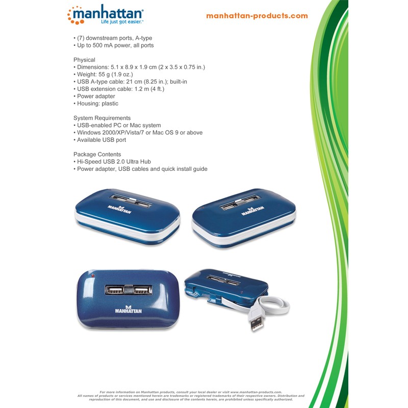 Manhattan AC-2635 Hub USB V2.0 7 Ptos Azul con Fuente,