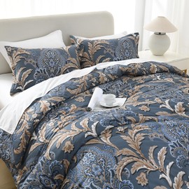 Bedduvit Navy Damask Queen Comforter Set - Luxury Cotton Vintage Bedding Set, Ultra Soft Egyptian Cotton Paisley Bed Set for All Seasons, 3pcs Hotel Bedding Comforter with 2 Pillow Shams, Navy/Beige