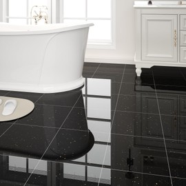 20-Pack 20 Sq.Ft Peel and Stick Floor Tiles Vinyl Glossy Pattern Flooring, 12” x 12” Self Adhesive Vinyl Flooring DIY for Kitchen, Bathroom, Laundry, Polish Black Galaxy Marble