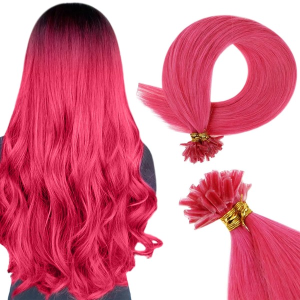 RUNATURE Pink Hair Extensions Real Hair Bonding U Tip 40 cm Pink Hair Extensions Real Hair Bonding Remy Extensions Pink Hair Extensions 16 Inches 25 Strands 20 g #Hot Pink