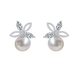 Elegant Crystal Flower Imitation Pearl Ball Earrings for Women 925 Sterling Silver Post Dainty Green CZ Rhinestone Cherry Daisy Studs Delicate Wedding Anniversary Jewelry (Silver)