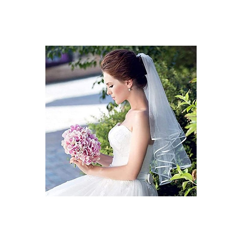 METEMEI White Double Ribbon Edge Center Cascade Bridal Wedding Veil