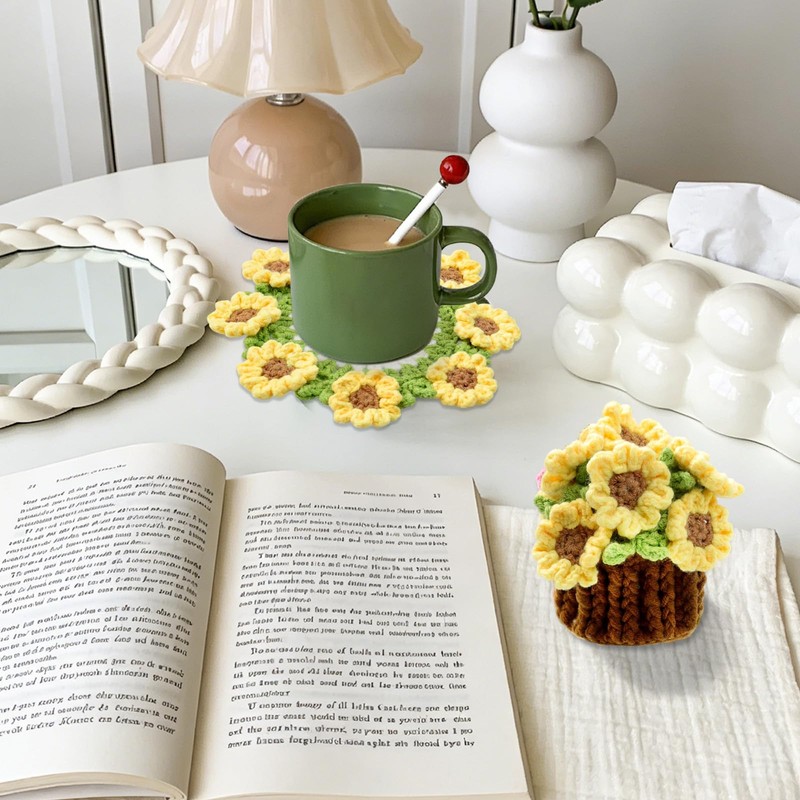 Handmade Sunflower Crochet Flower Coaster Set with Storage Basket (Yellow)