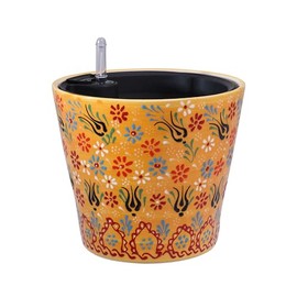 Madam Sophia Concept Handmade Ceramic Self-Watering Flower Pot 8-inch Unique Floral Design (Yellow)