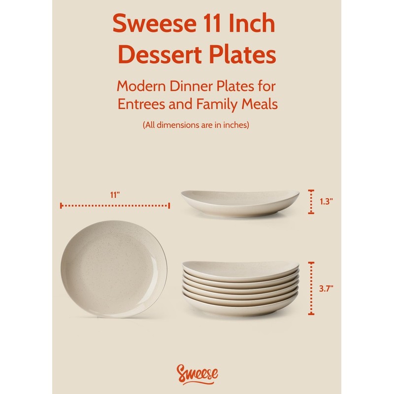 Sweese 11 Inch Porcelain Dinner Plates, Set of 6 -