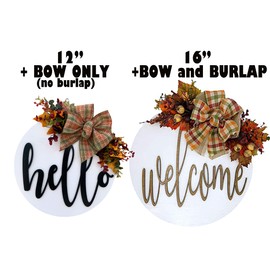 FALL WELCOME Wreath for Front Door Round Hello Hanger with OFFSET Plaid Ribbon Bow and Leaves Eucalyptus Sign 12" or 16" Wall Decor Wood Plaque White Black 3D