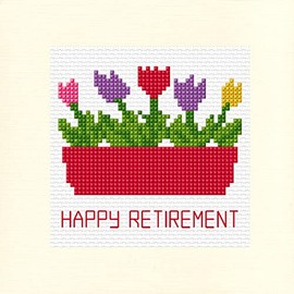 Happy Retirement Tulips Red Flower Box Counted Cross Stitch Card Kit Square