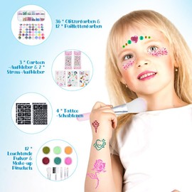 Bestauty Children's Glitter Tattoo Set, 48 Colours Including 36 Glitter Colours, 12 Luminous Colours, 12 Sequin Dyes, 130 Tattoo Stencils, 215 Rhinestones, 3 Cartoon Tattoo Stickers, Gifts for Girls