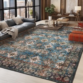 Area Rugs for Living Room Non-Shedding Boho Rug for Bedroom 0.3inch Vintage Washable Non-Slip Back Carpet for Home Office and Other High Traffic Areas (Blue Beige, 9 * 12)
